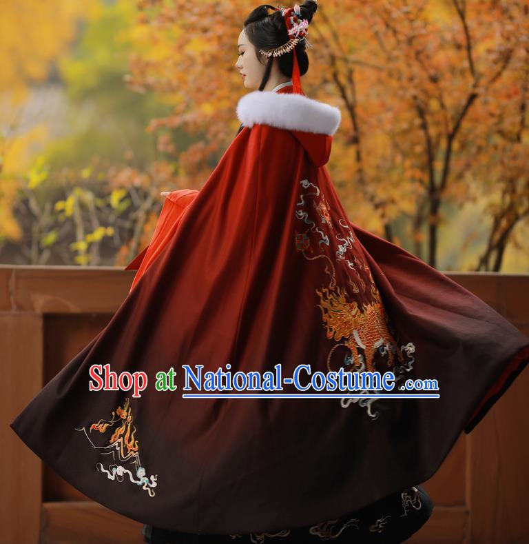 Chinese Ancient Princess Embroidered Kylin Red Cloak Traditional Ming Dynasty Court Lady Costume for Women