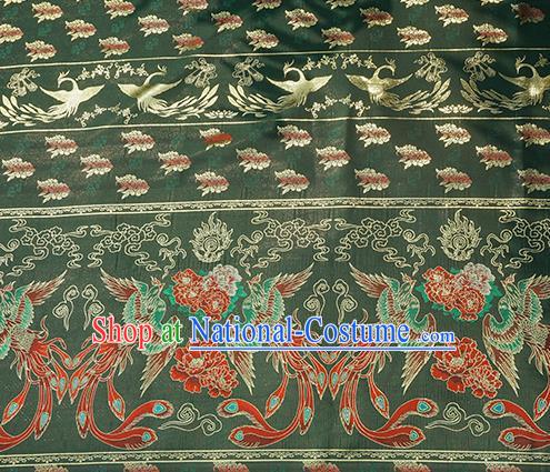 Chinese Royal Phoenix Peony Pattern Design Dark Green Brocade Fabric Asian Traditional Horse Face Skirt Satin Silk Material