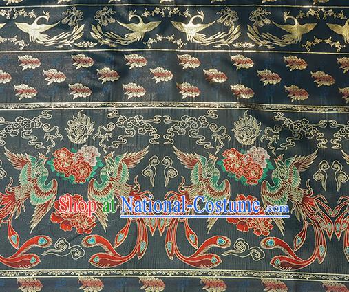 Chinese Royal Phoenix Peony Pattern Design Navy Brocade Fabric Asian Traditional Horse Face Skirt Satin Silk Material