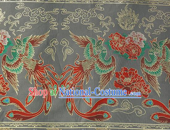 Chinese Royal Phoenix Peony Pattern Design Grey Brocade Fabric Asian Traditional Horse Face Skirt Satin Silk Material