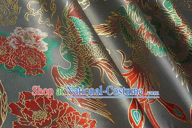 Chinese Royal Phoenix Peony Pattern Design Grey Brocade Fabric Asian Traditional Horse Face Skirt Satin Silk Material