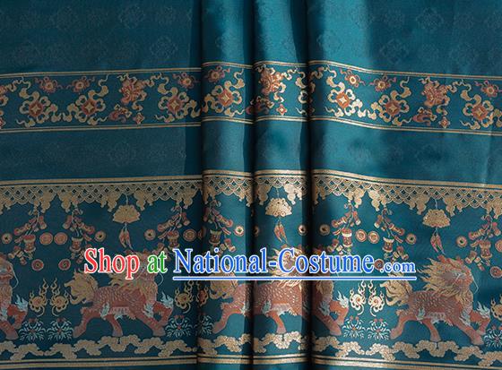 Chinese Royal Kylin Pattern Design Blue Brocade Fabric Asian Traditional Horse Face Skirt Satin Silk Material