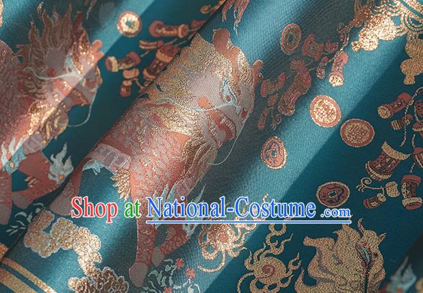 Chinese Royal Kylin Pattern Design Blue Brocade Fabric Asian Traditional Horse Face Skirt Satin Silk Material