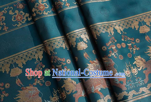 Chinese Royal Kylin Pattern Design Blue Brocade Fabric Asian Traditional Horse Face Skirt Satin Silk Material