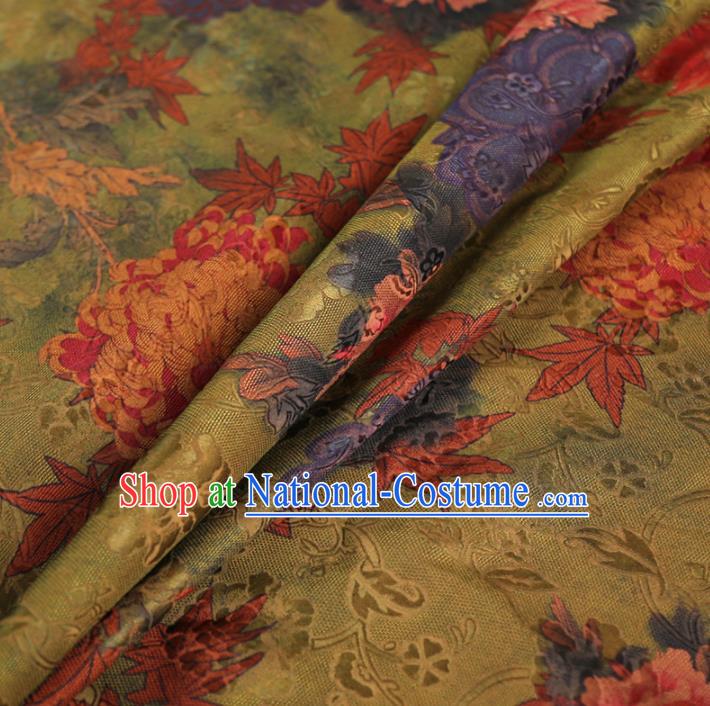 Chinese Classical Peony Maple Leaf Pattern Design Olive Green Gambiered Guangdong Gauze Fabric Asian Traditional Cheongsam Silk Material