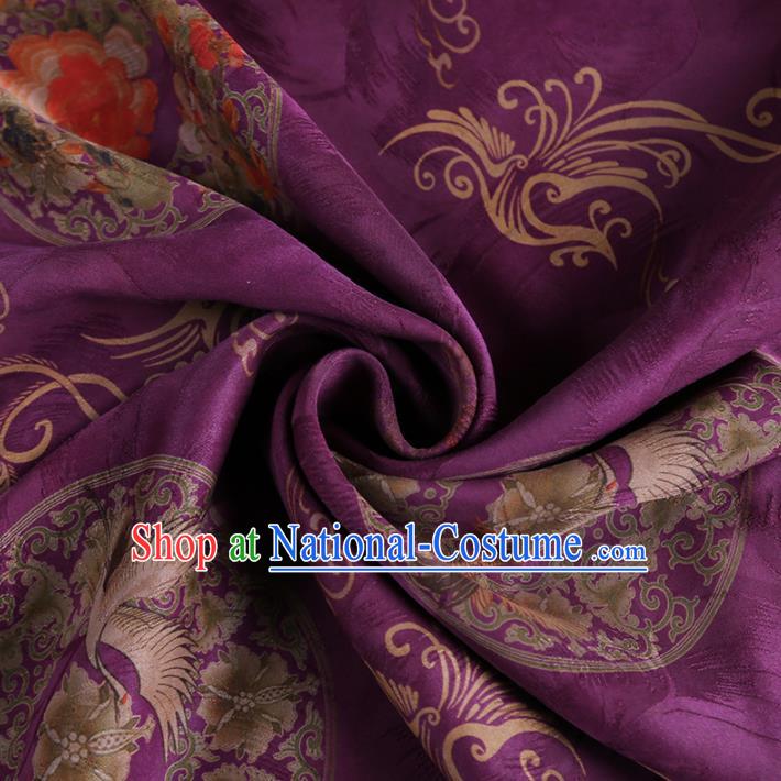 Chinese Classical Crane Peony Pattern Design Purple Gambiered Guangdong Gauze Fabric Asian Traditional Cheongsam Silk Material