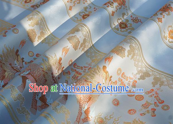 Chinese Royal Kylin Pattern Design Light Blue Brocade Fabric Asian Traditional Horse Face Skirt Satin Silk Material