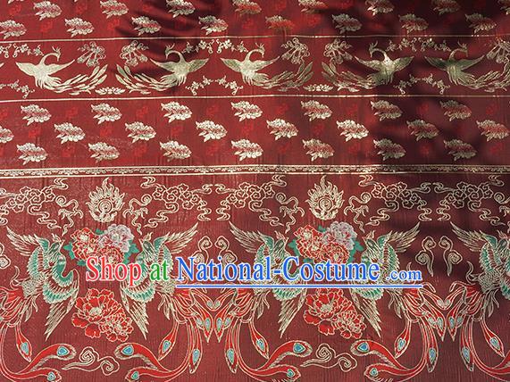 Chinese Royal Phoenix Peony Pattern Design Dark Red Brocade Fabric Asian Traditional Horse Face Skirt Satin Silk Material