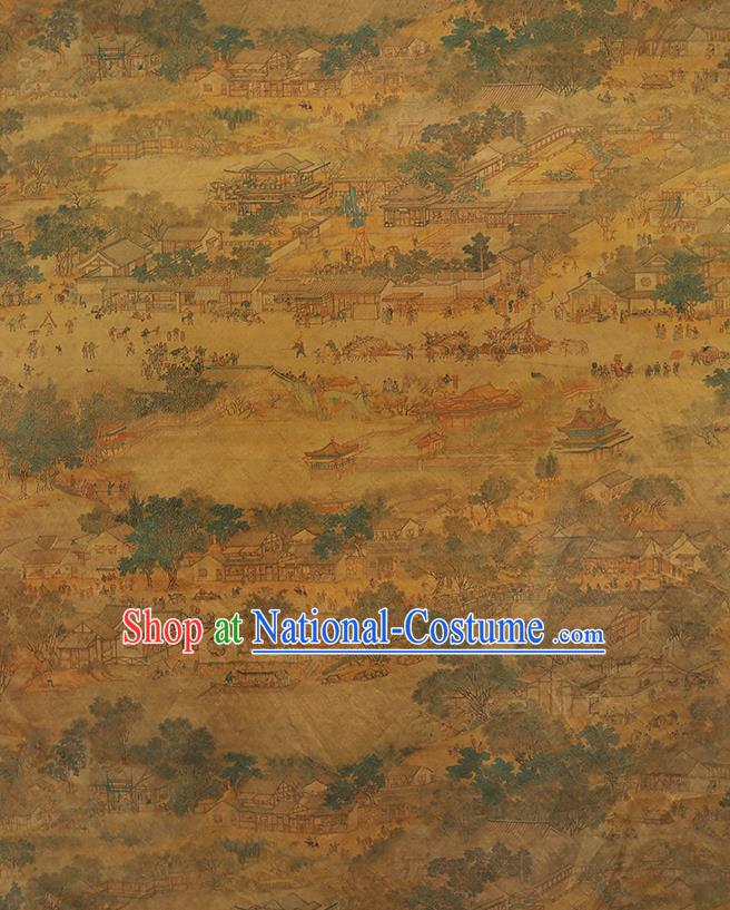 Chinese Classical Printing Forbidden City Pattern Design Ginger Gambiered Guangdong Gauze Fabric Asian Traditional Cheongsam Silk Material