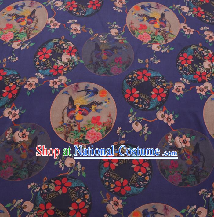 Chinese Classical Printing Peony Birds Pattern Design Deep Blue Gambiered Guangdong Gauze Fabric Asian Traditional Cheongsam Silk Material