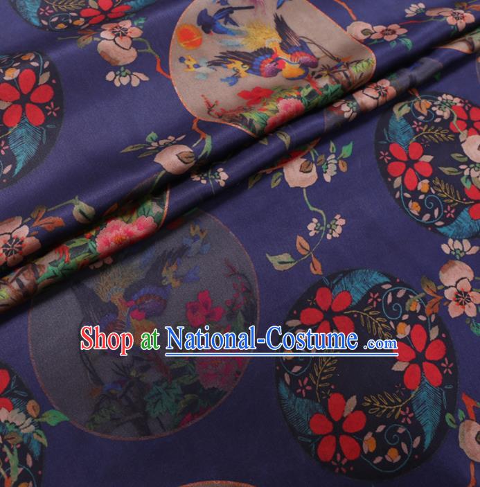 Chinese Classical Printing Peony Birds Pattern Design Deep Blue Gambiered Guangdong Gauze Fabric Asian Traditional Cheongsam Silk Material