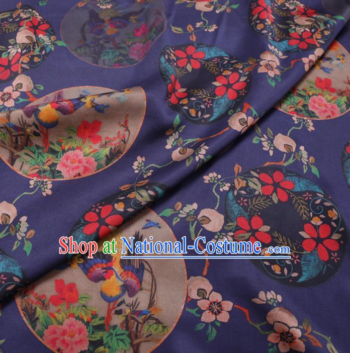 Chinese Classical Printing Peony Birds Pattern Design Deep Blue Gambiered Guangdong Gauze Fabric Asian Traditional Cheongsam Silk Material