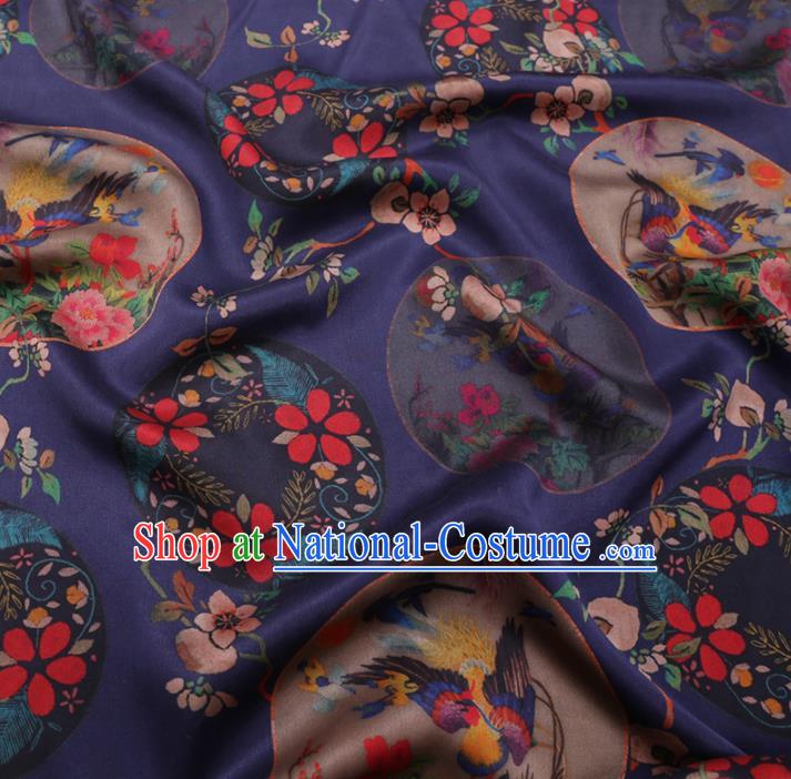 Chinese Classical Printing Peony Birds Pattern Design Deep Blue Gambiered Guangdong Gauze Fabric Asian Traditional Cheongsam Silk Material