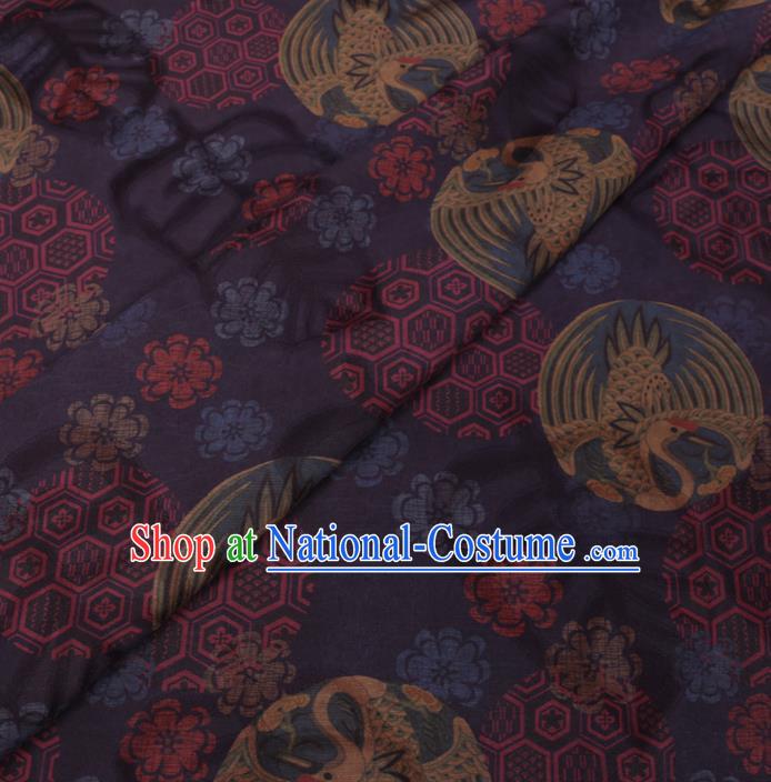 Chinese Classical Printing Round Crane Pattern Design Navy Gambiered Guangdong Gauze Fabric Asian Traditional Cheongsam Silk Material