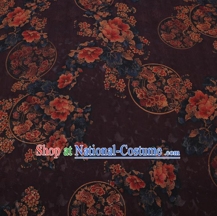 Chinese Classical Printing Peony Plum Pattern Design Deep Purple Gambiered Guangdong Gauze Fabric Asian Traditional Cheongsam Silk Material