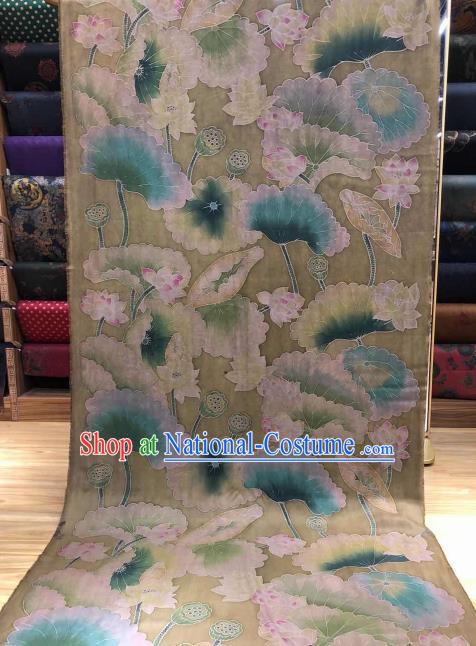 Asian Chinese Traditional Lotus Pattern Design Olive Green Gambiered Guangdong Gauze Fabric Silk Material