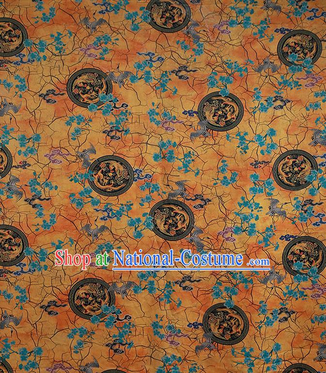 Chinese Classical Printing Crane Plum Pattern Design Yellow Gambiered Guangdong Gauze Fabric Asian Traditional Cheongsam Silk Material