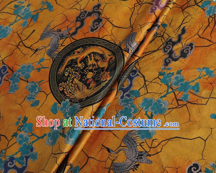 Chinese Classical Printing Crane Plum Pattern Design Yellow Gambiered Guangdong Gauze Fabric Asian Traditional Cheongsam Silk Material