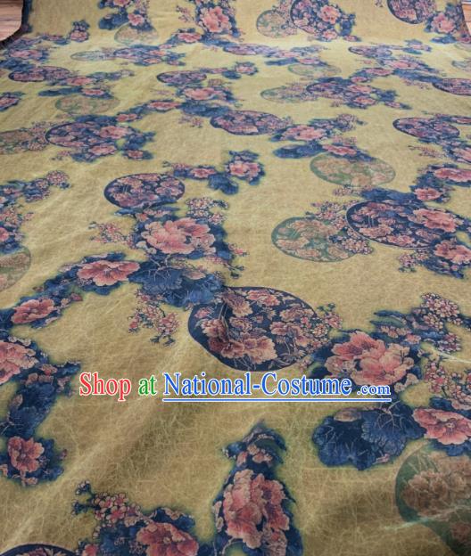 Asian Chinese Traditional Peony Fan Pattern Design Yellow Gambiered Guangdong Gauze Fabric Silk Material