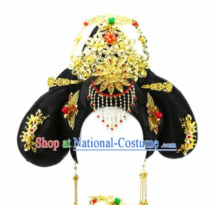 Chinese Ancient Princess Golden Hair Crown and Wigs Hair Accessories Drama Imperial Concubine Chignon for Women