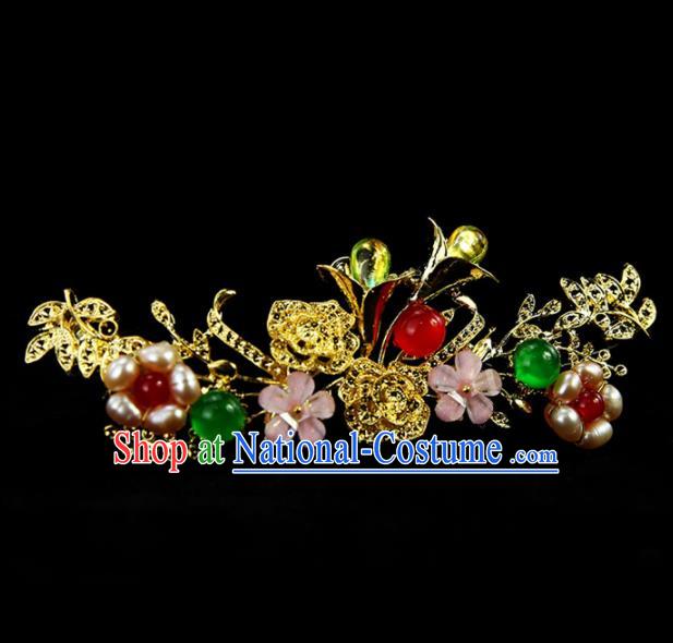 Chinese Ancient Princess Pearls Golden Hair Crown Traditional Classical Dance Hair Accessories for Women