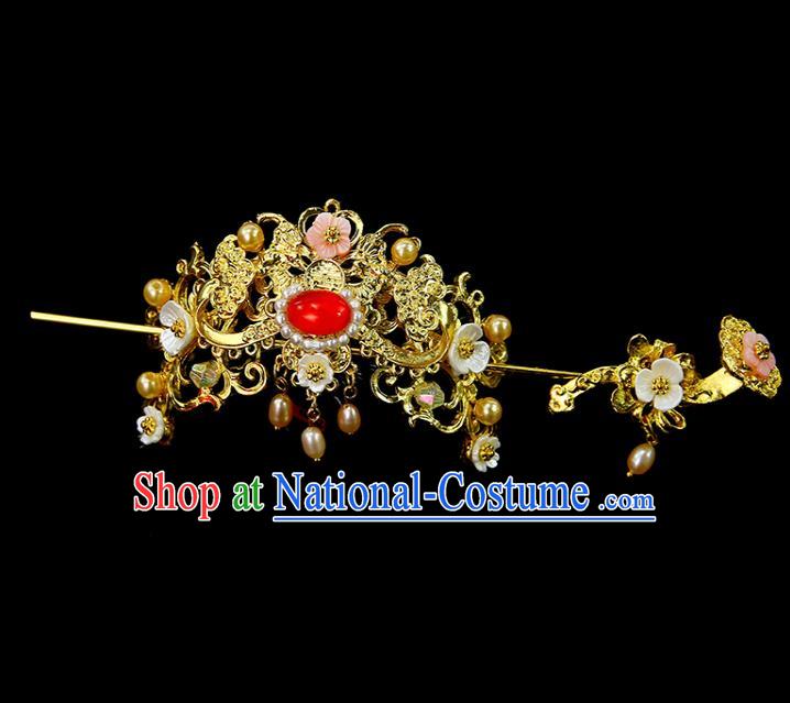 Chinese Ancient Princess Red Glass Hair Crown and Hairpins Traditional Classical Dance Hair Accessories for Women