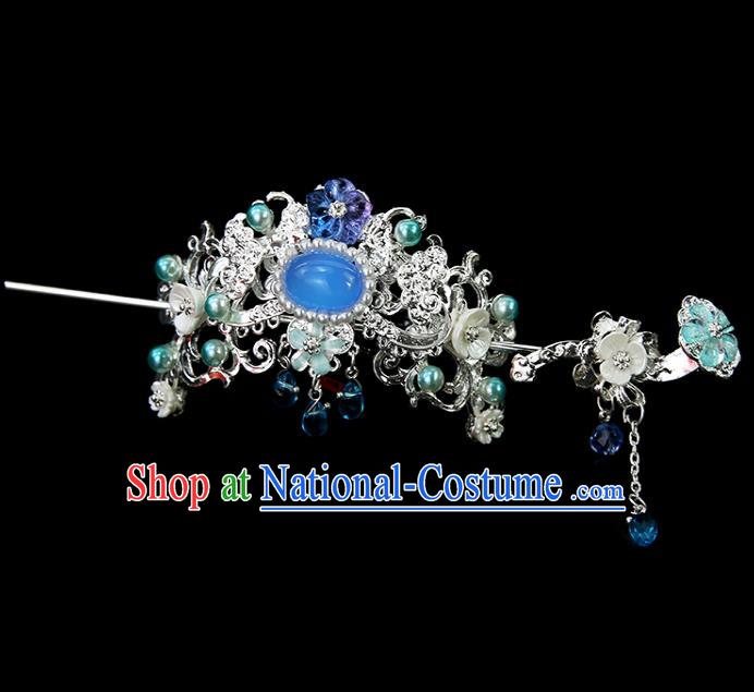 Chinese Ancient Princess Blue Hair Crown and Hairpins Traditional Classical Dance Hair Accessories for Women