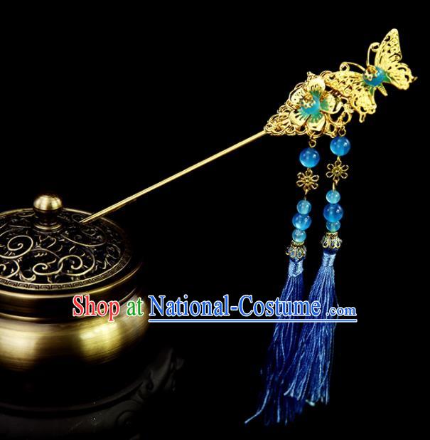 Chinese Ancient Princess Blue Tassel Butterfly Hairpins Traditional Classical Dance Hair Accessories for Women