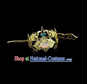 Chinese Drama Royal Prince Pink Glass Hair Crown and Golden Hairpin Ancient Swordsman Hair Accessories for Men