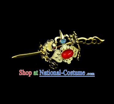 Chinese Drama Royal Prince Red Glass Hair Crown and Golden Hairpin Ancient Swordsman Hair Accessories for Men