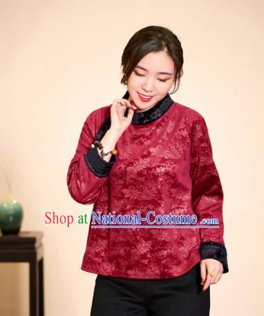 Top Grade Traditional Chinese Embroidered Wine Red Blouse Tang Suit Silk Upper Outer Garment for Women