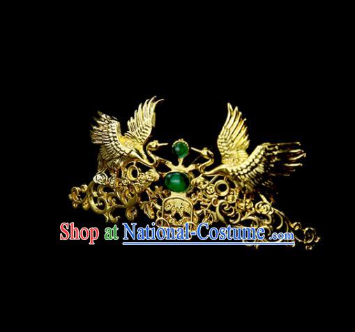 Chinese Ancient Princess Green Glass Golden Crane Hair Crown Traditional Classical Dance Hair Accessories for Women