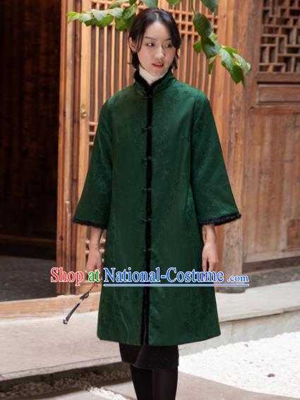 Top Grade Traditional Chinese National Green Cotton Wadded Coat Tang Suit Silk Upper Outer Garment for Women