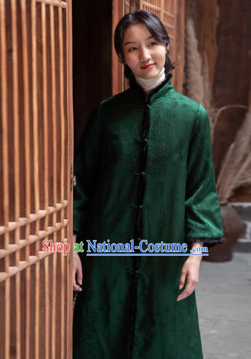 Top Grade Traditional Chinese National Green Cotton Wadded Coat Tang Suit Silk Upper Outer Garment for Women