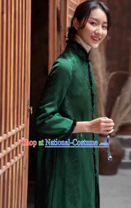 Top Grade Traditional Chinese National Green Cotton Wadded Coat Tang Suit Silk Upper Outer Garment for Women