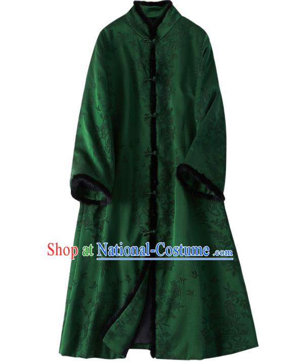 Top Grade Traditional Chinese National Green Cotton Wadded Coat Tang Suit Silk Upper Outer Garment for Women