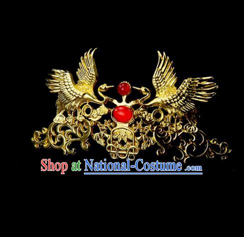 Chinese Ancient Princess Red Glass Golden Crane Hair Crown Traditional Classical Dance Hair Accessories for Women