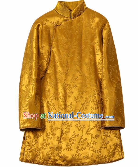 Top Grade Traditional Chinese National Golden Cotton Wadded Coat Tang Suit Silk Upper Outer Garment for Women