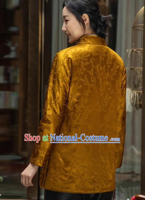 Top Grade Traditional Chinese National Golden Cotton Wadded Coat Tang Suit Silk Upper Outer Garment for Women