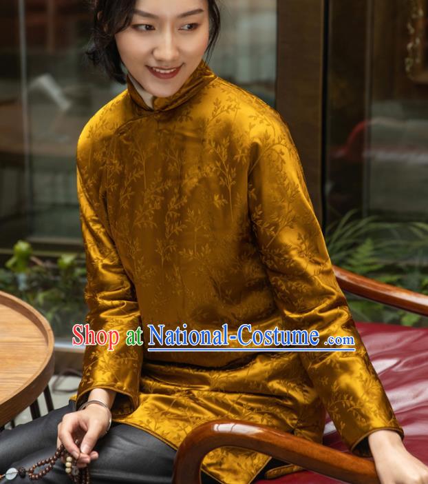 Top Grade Traditional Chinese National Golden Cotton Wadded Coat Tang Suit Silk Upper Outer Garment for Women