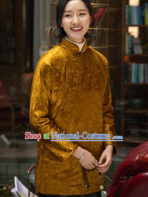 Top Grade Traditional Chinese National Golden Cotton Wadded Coat Tang Suit Silk Upper Outer Garment for Women