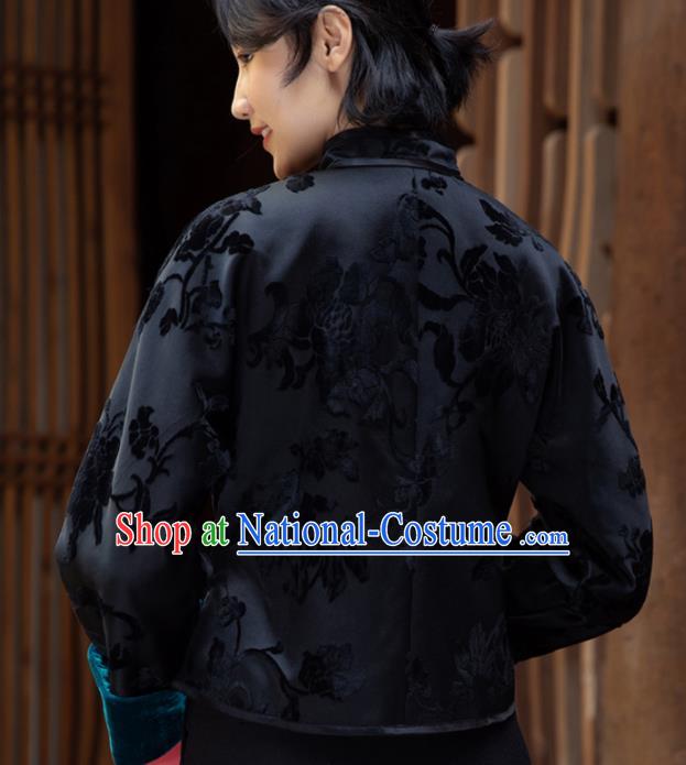 Top Grade Traditional Chinese National Embroidered Black Velvet Cotton Wadded Jacket Tang Suit Silk Upper Outer Garment for Women