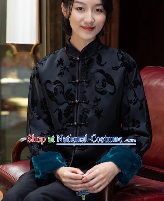 Top Grade Traditional Chinese National Embroidered Black Velvet Cotton Wadded Jacket Tang Suit Silk Upper Outer Garment for Women