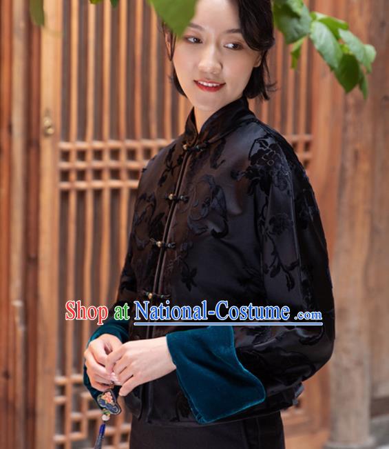 Top Grade Traditional Chinese National Embroidered Black Velvet Cotton Wadded Jacket Tang Suit Silk Upper Outer Garment for Women