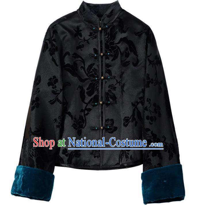 Top Grade Traditional Chinese National Embroidered Black Velvet Cotton Wadded Jacket Tang Suit Silk Upper Outer Garment for Women