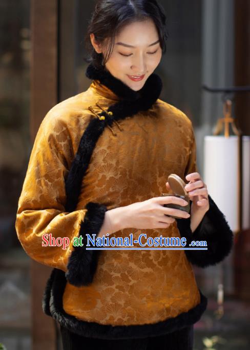 Top Grade Traditional Chinese National Golden Velvet Cotton Wadded Jacket Tang Suit Silk Upper Outer Garment for Women