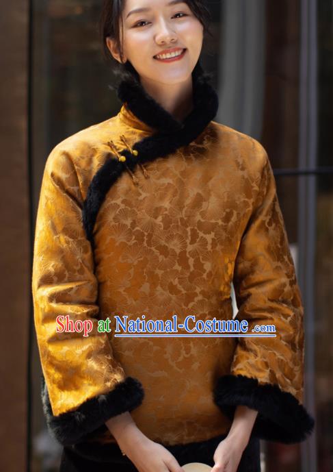 Top Grade Traditional Chinese National Golden Velvet Cotton Wadded Jacket Tang Suit Silk Upper Outer Garment for Women