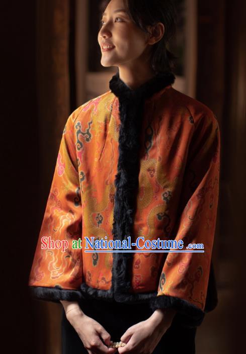 Top Grade Traditional Chinese National Orange Silk Cotton Wadded Jacket Tang Suit Upper Outer Garment for Women