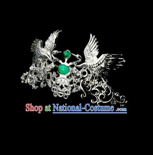 Chinese Ancient Princess Green Glass Argent Crane Hair Crown Traditional Classical Dance Hair Accessories for Women