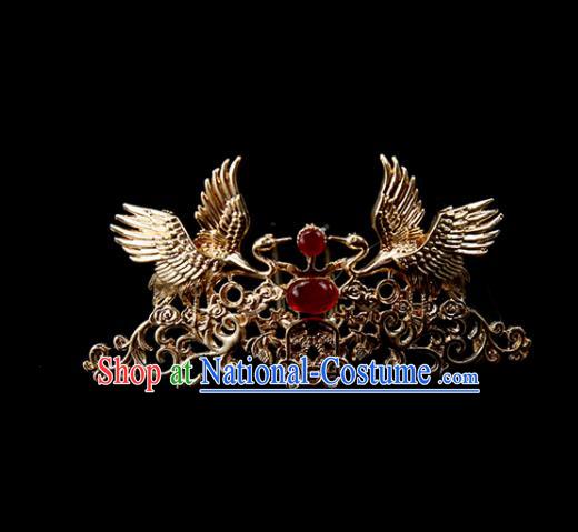 Chinese Ancient Princess Red Glass Hair Clip Golden Cranes Hairpins Traditional Classical Dance Hair Accessories for Women